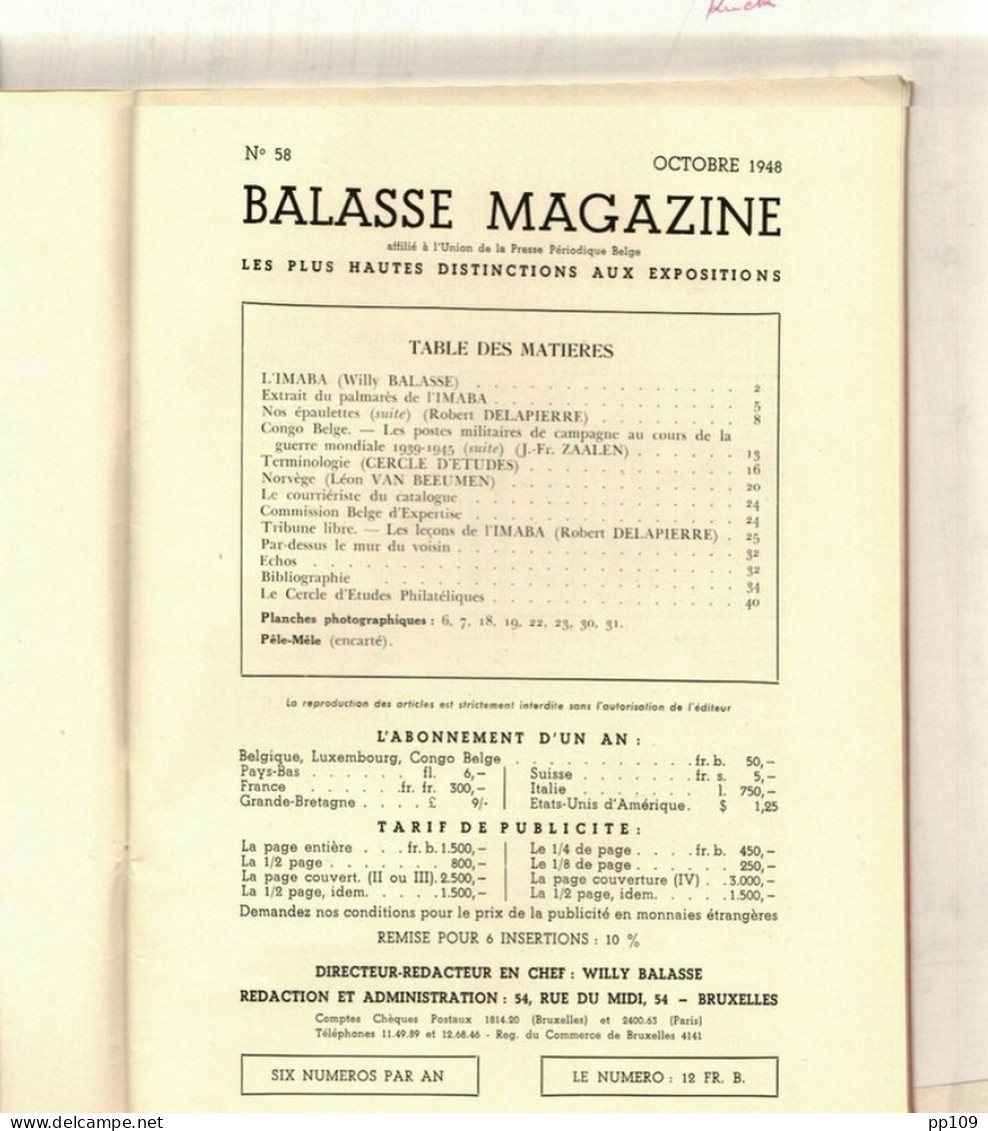 BALASSE MAGAZINE N°58  Octobre 1948  :  40 Pages Avec Articles Intéressants - Français (àpd. 1941)