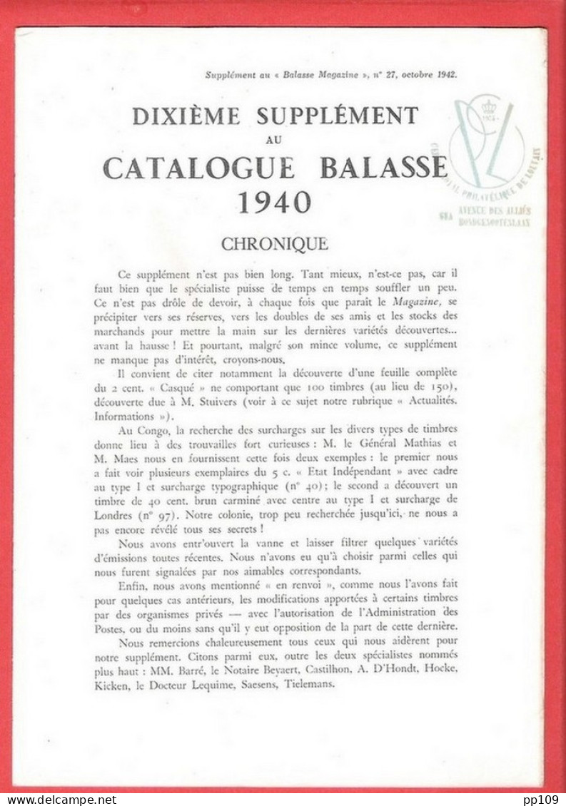 BALASSE MAGAZINE N°27 Octobre 1942 68  Pages Avec Articles Intéressants + 10ème Supplément Du Catalogue BALASSE 1940 - Francesi (dal 1941))