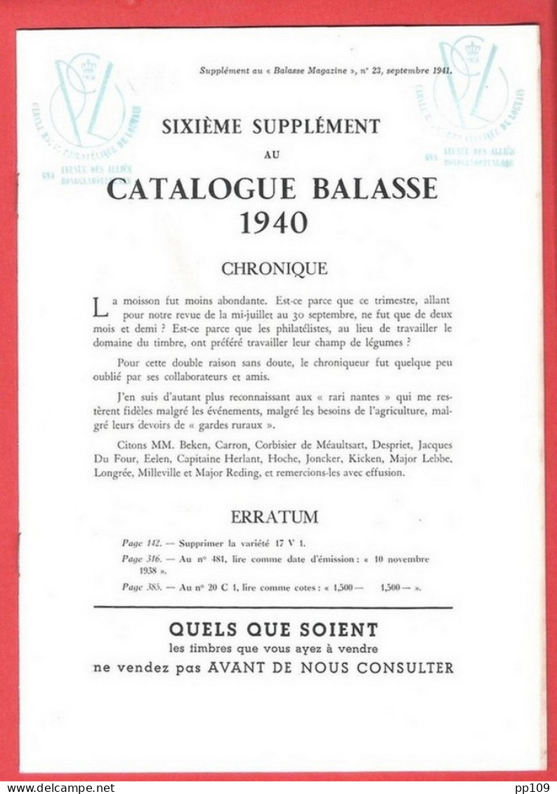 BALASSE MAGAZINE N°23 Septembre  1941 52 Pages Avec Articles Intéressants + 6ème Supplément Du Catalogue BALASSE 1940 - Français (àpd. 1941)