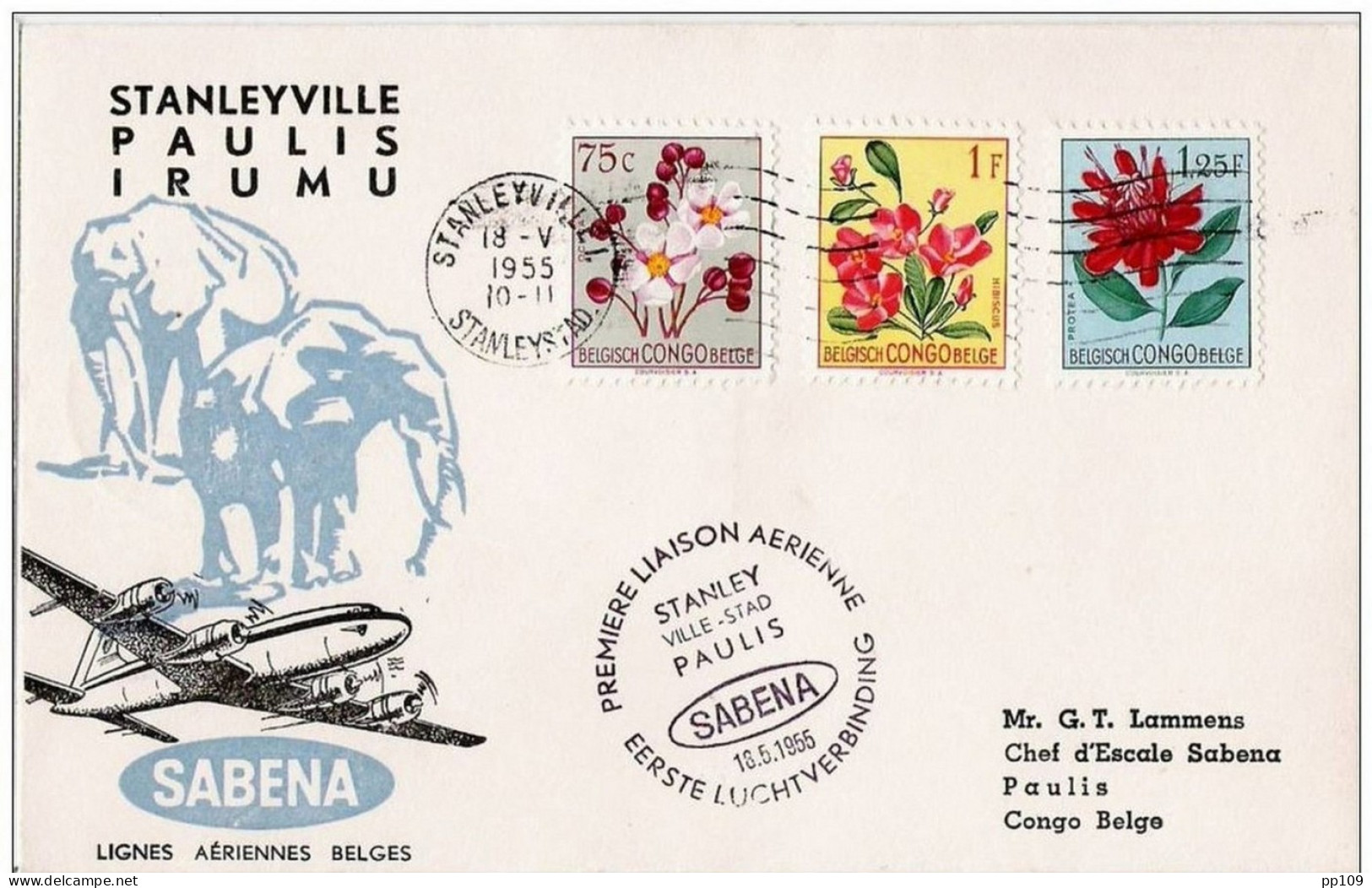 Aviation SABENA  Aérophilatélie 1ère Liaison Aérienne STANLEYVILLE CONGO PAULIS  18/5/1955 - Covers & Documents