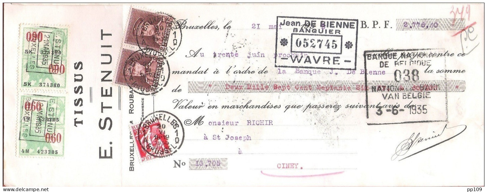 Albert Képi  321 Paire Mandat (ou Reçu) Pub Tissu STENUIT à BRUXELLES  1935 + Timbre Fiscal - Documentos