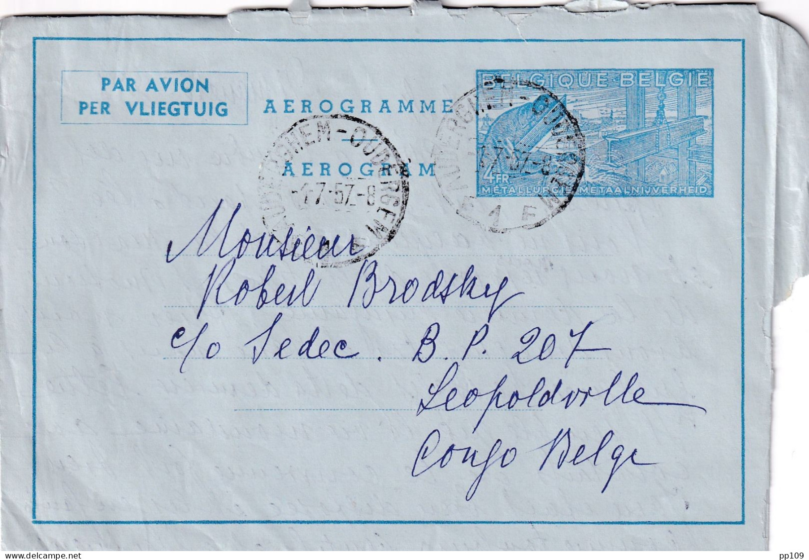 AEROGRAMME Vers Congo Belge Sedec  Obl AUDERGHEM OUDERGEM 1 VII 1957 - Aerogramme