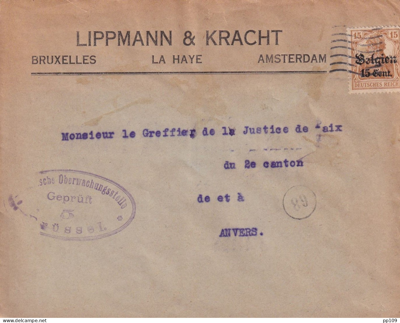 14-18 TP GERMANIA OC15 PERFORE Obl Méc Inc. LIPPMANN & KRACHT Bruxelles La Haye Amsterdam + Censure ÜBERWACHUNGSSTELLE 5 - 1909-34