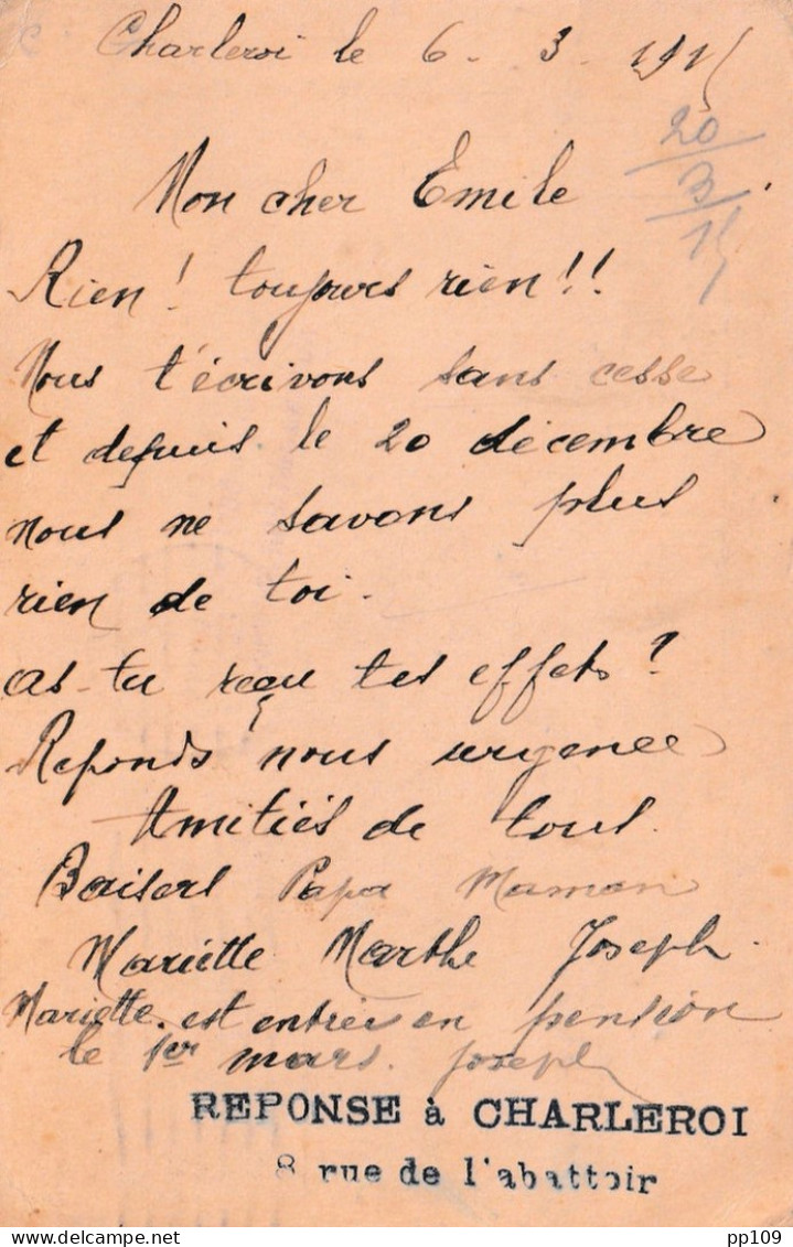 14-18 Kriegsgefangenensendung Courrier De Prisonnier 6 III 1915 CHARLEROY  Renseignements 8, Rue De L'Abattoir  SOLTAU - Krijgsgevangenen