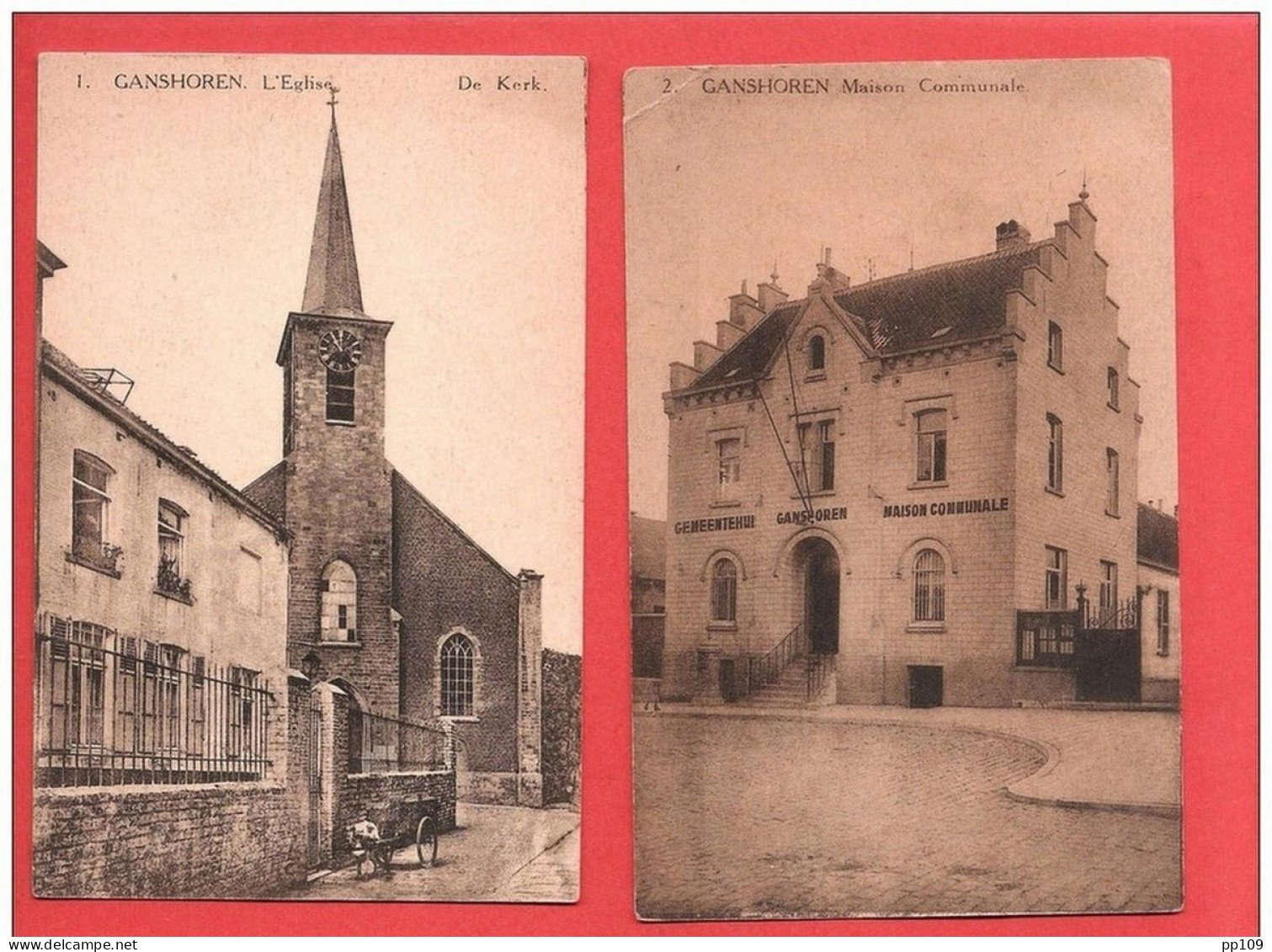 4 CP PK GANSHOREN  Cliché F.Walschaerts, Bruxelles N°1, 2, 3 Et 13  Gemeentehuis De Kerk + Attelage  Pas Circulées - Ganshoren