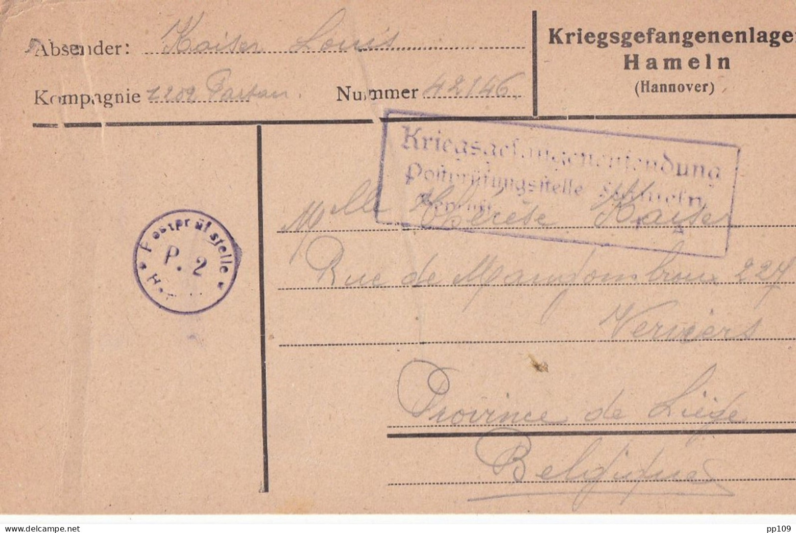 3 Documents 14-18  Kriegsgefangenen Prisonnier  HAMELN Hannover  Geprüft  Vers VERVIERS - Kriegsgefangenschaft
