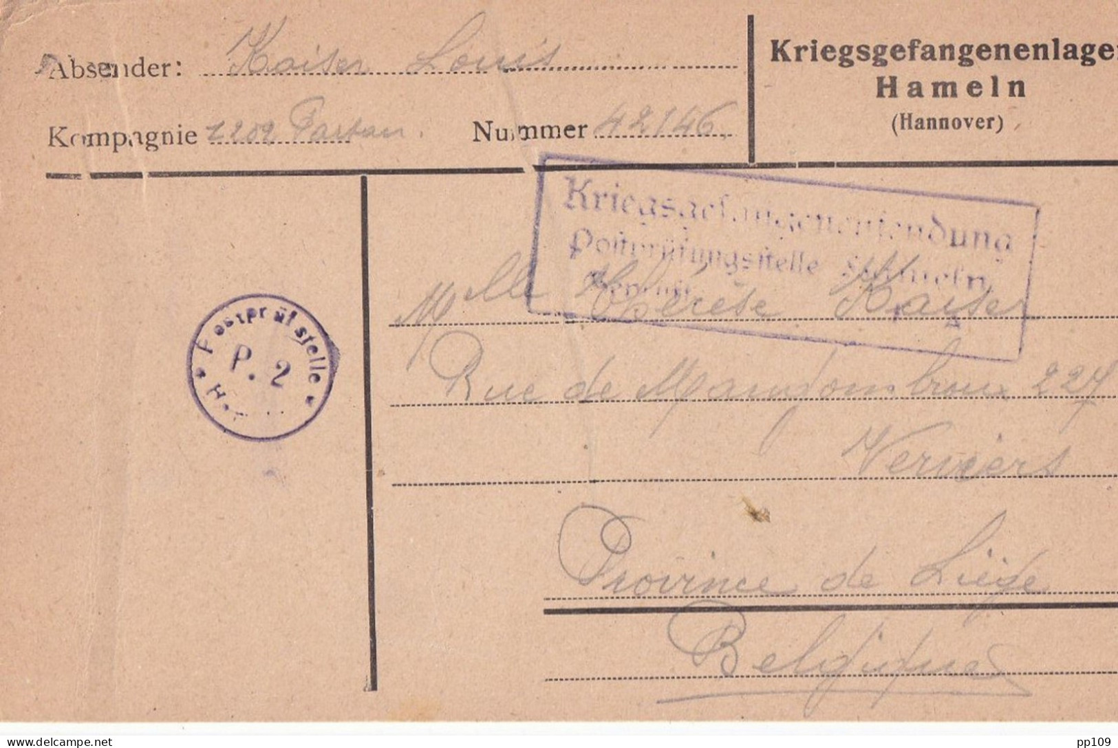 3 Documents 14-18  Kriegsgefangenen Prisonnier  HAMELN Hannover  Geprüft  Vers VERVIERS - Krijgsgevangenen