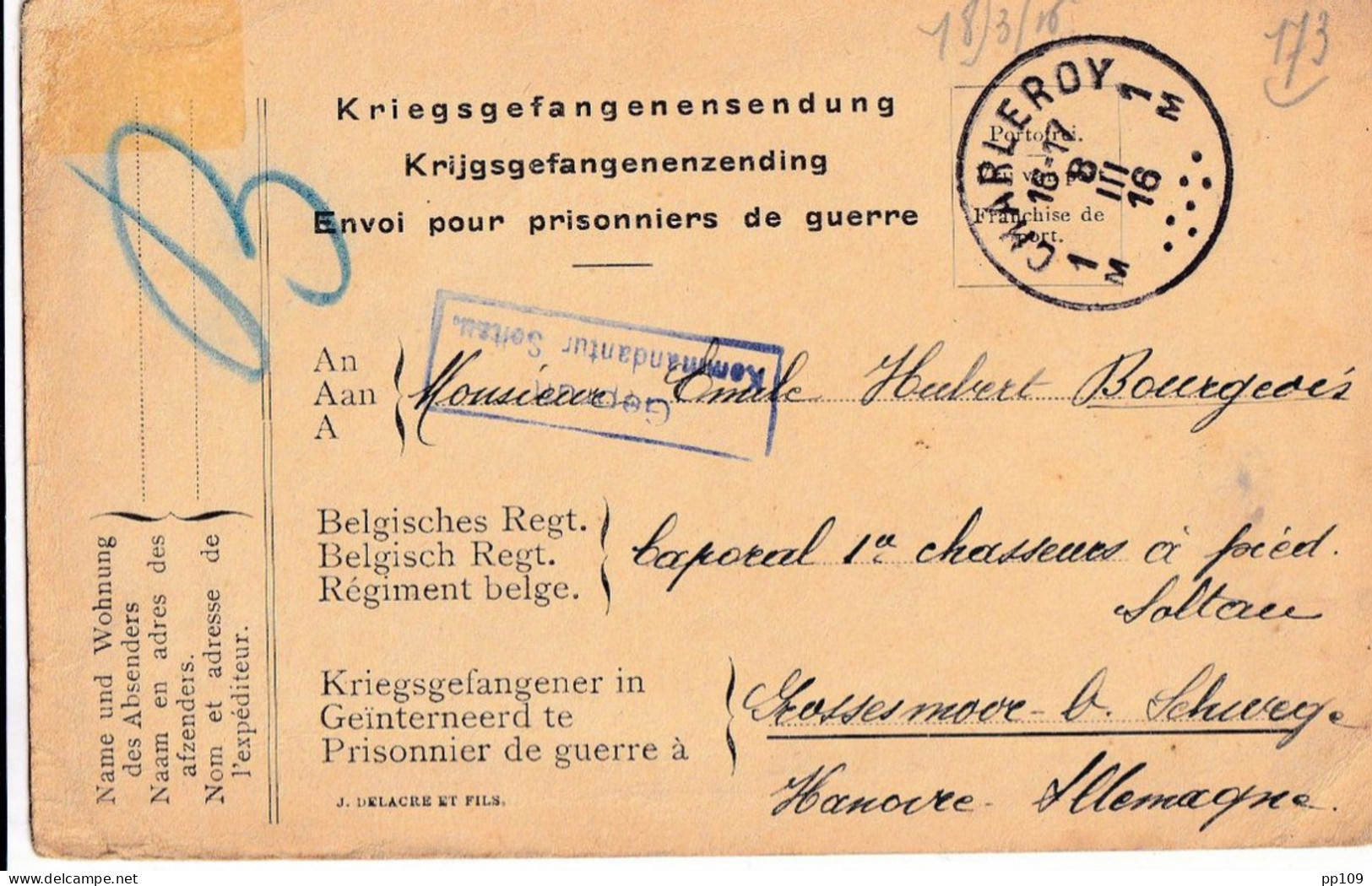 2 Documents 14-18  Kriegsgefangenen Envoi Pour Prisonnier SOLTAU   Geprüft  Obl CHARLEROY Et COURCELLES - Kriegsgefangenschaft