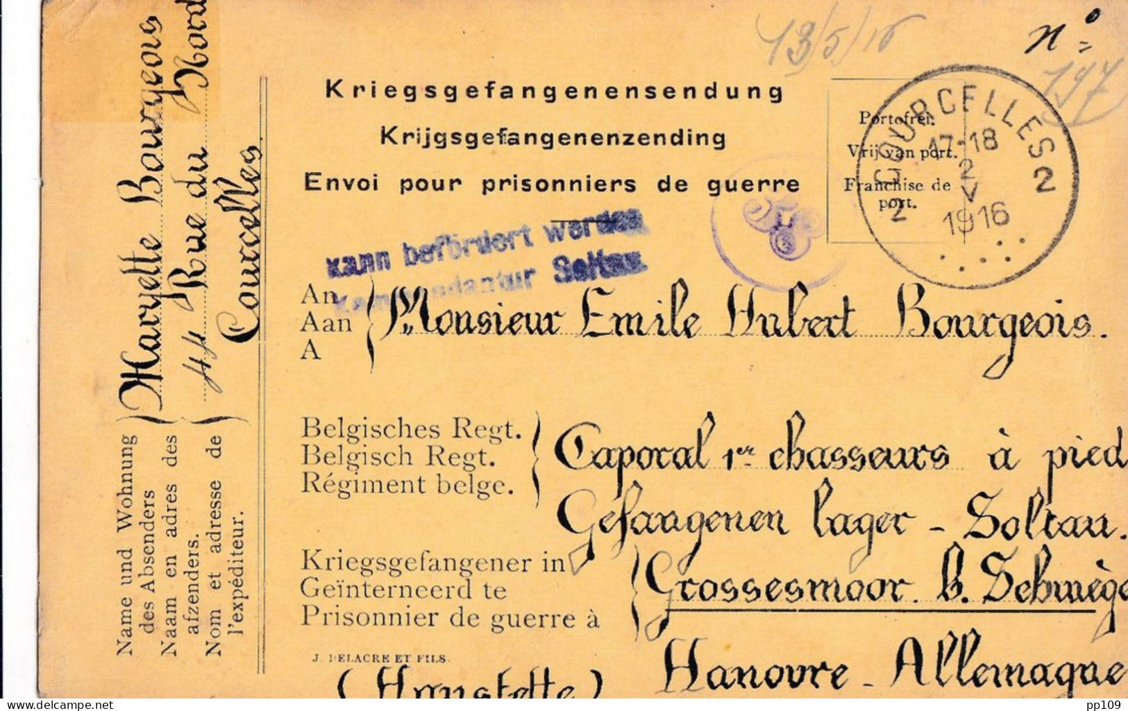 2 Documents 14-18  Kriegsgefangenen Envoi Pour Prisonnier SOLTAU   Geprüft  Obl CHARLEROY Et COURCELLES - Kriegsgefangenschaft