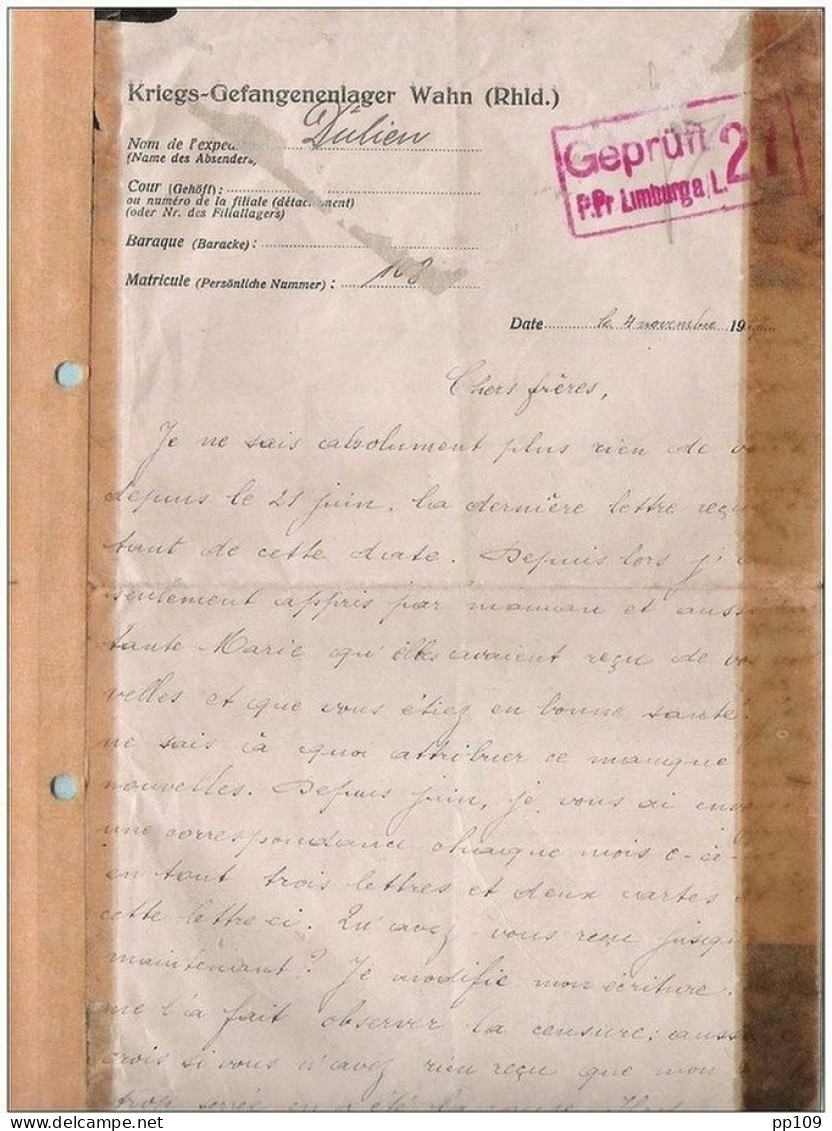 2 Doc Prisonnier Belge : Lettre Kriegs-gefangenenlager WAHN (Rhld) Avec Censure (et Texte Biffé) + Cp Croix-rouge Genève - Prisonniers