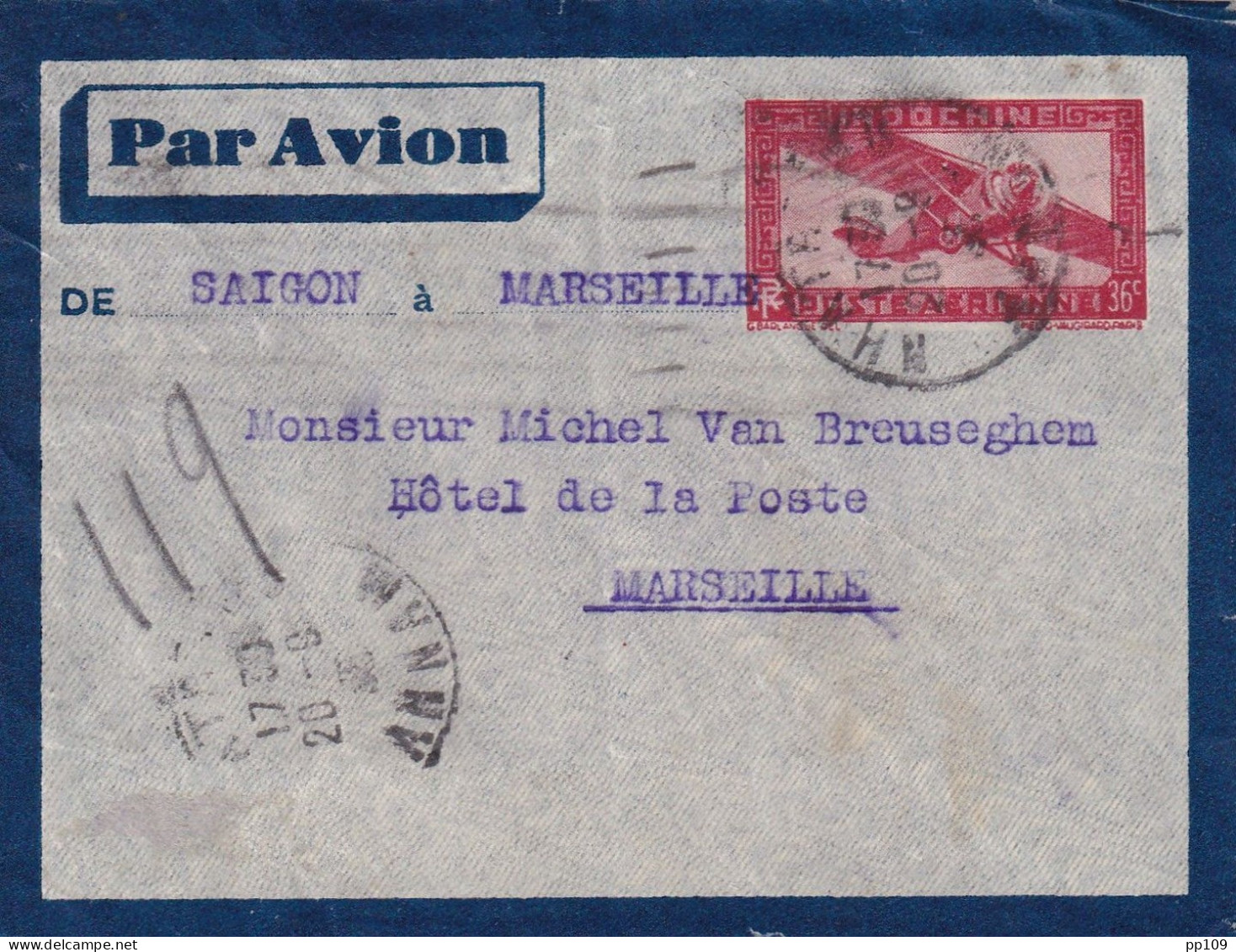 2 Doc. INDOCHINE Obl  NHARANG 13 Et 20  IX 36, Obl Saïgon Central COCHINCHINE + Paris/Marseille étiq. VIA AIR FRANCE - Aéreo