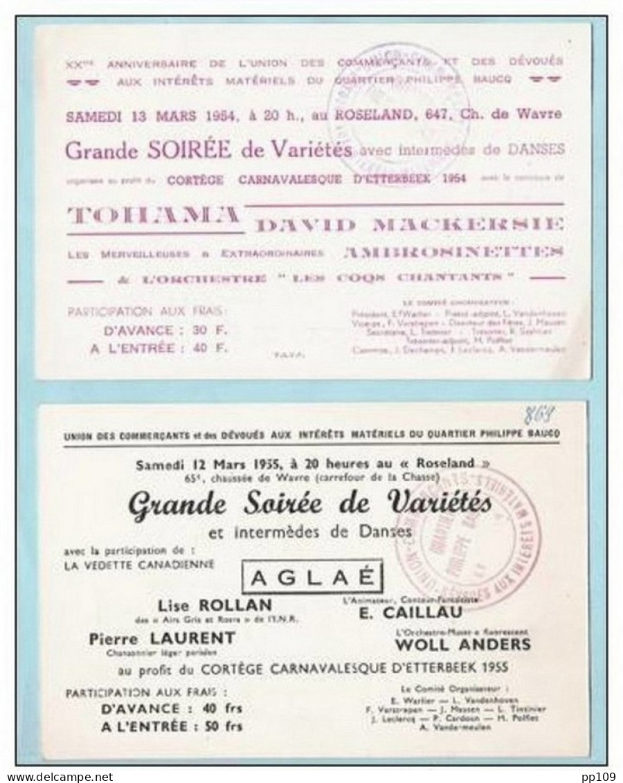 2 Cartes Publicitaire Soirée Variétés  Au ROSENLAND Au Profit Du Cortège Carnaval D'ETTERBEEK 1954/1955 - Autres & Non Classés