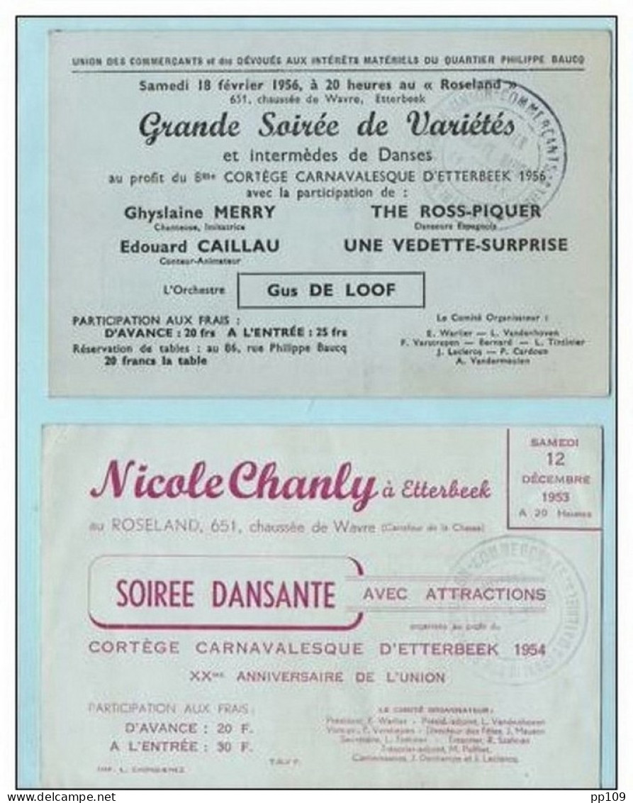2 Cartes Publicitaire Soirée Dansante Au ROSENLAND Au Profit Du Cortège Carnaval D'ETTERBEEK 1953/1956 - Altri & Non Classificati