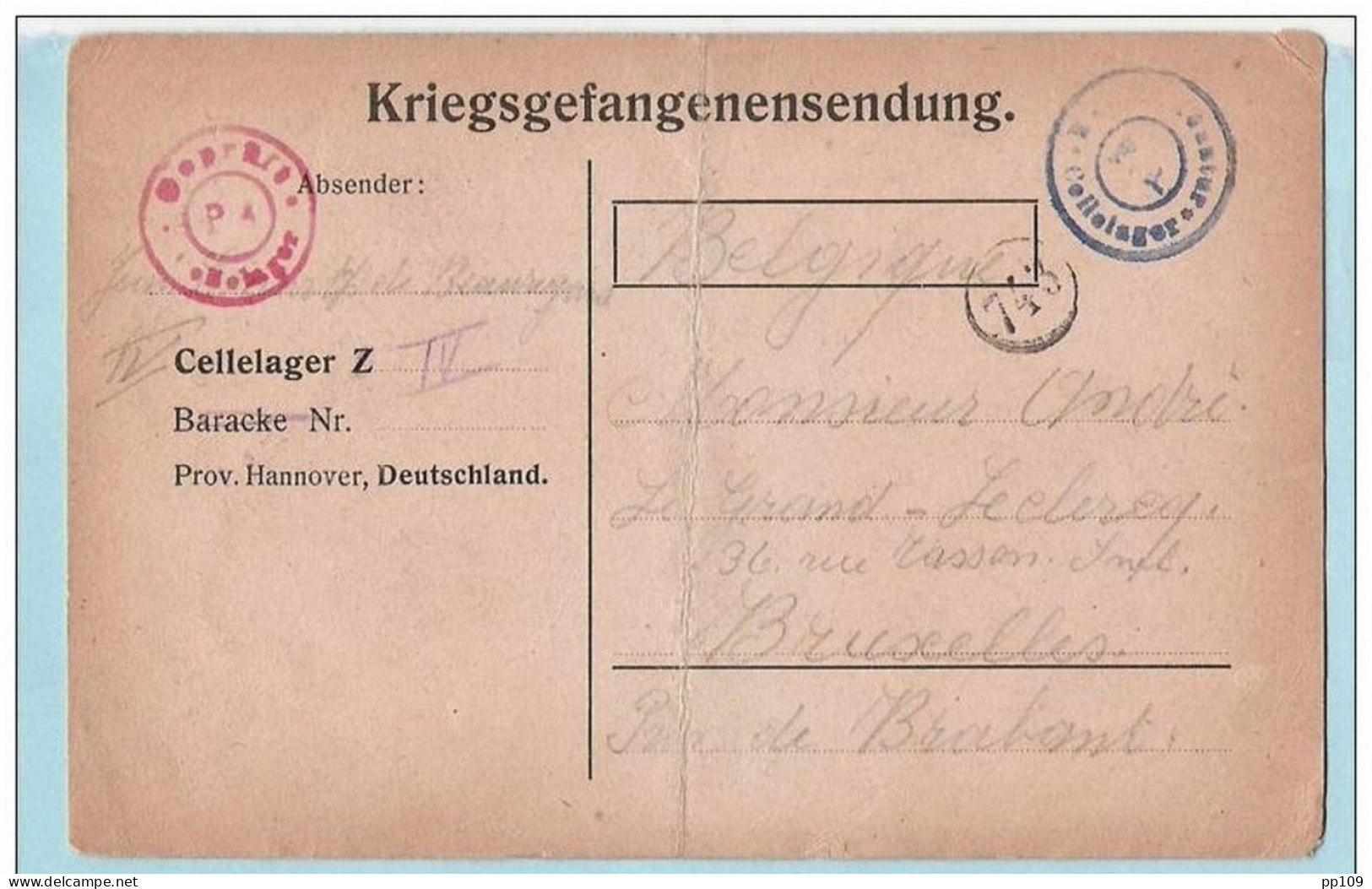 2 PK CP Kriegsgefangenensendung Prisonnier De Guerre Belge à CELLELAGER Geprüft - I5 VII 1916 Et 20 VIII 1916 - Prisonniers