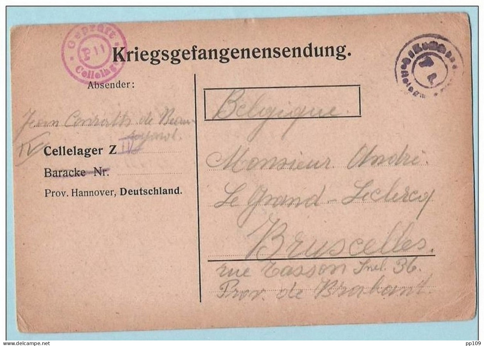 2 PK CP Kriegsgefangenensendung Prisonnier De Guerre Belge à CELLELAGER Geprüft - I5 VII 1916 Et 20 VIII 1916 - Kriegsgefangenschaft