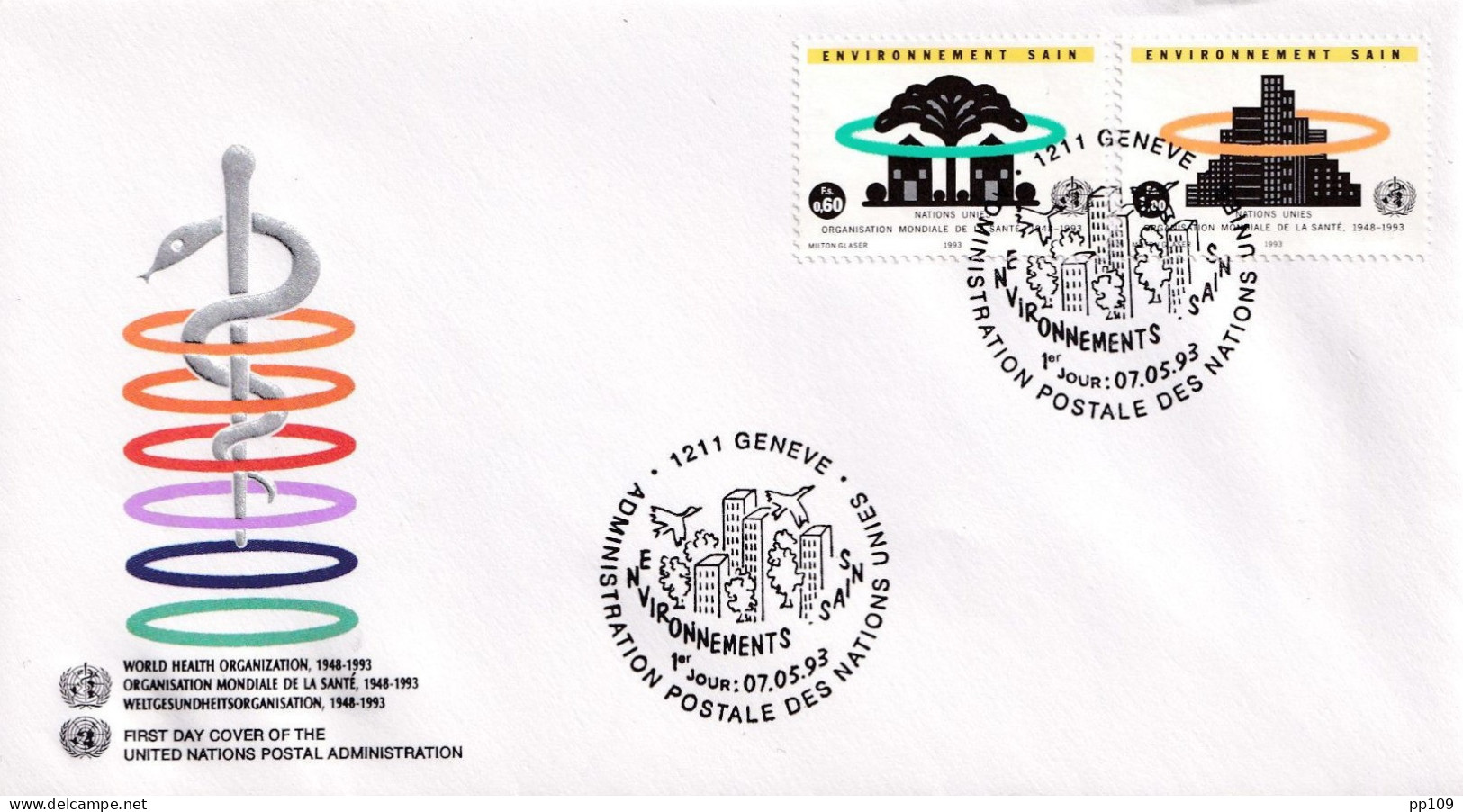 2 FDC :  Organisation Mondiale De La Santé  OMS HELVETIA SUISSE  1995, NATIONS UNIES 1993 Environnement - WGO