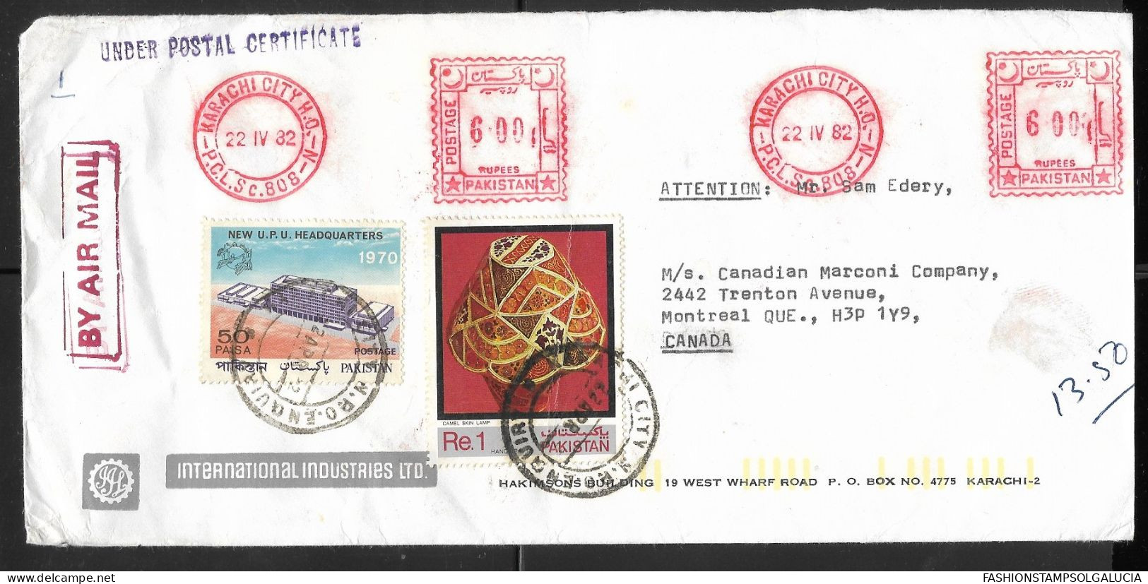 1982 PAKISTAN, KARACHI CITY, UNDER POSTAL CERTIFICATE, METER STAMP,  NEW UPU HEADQUARTERS,  CIRCULATED TO CANADA - Pakistan