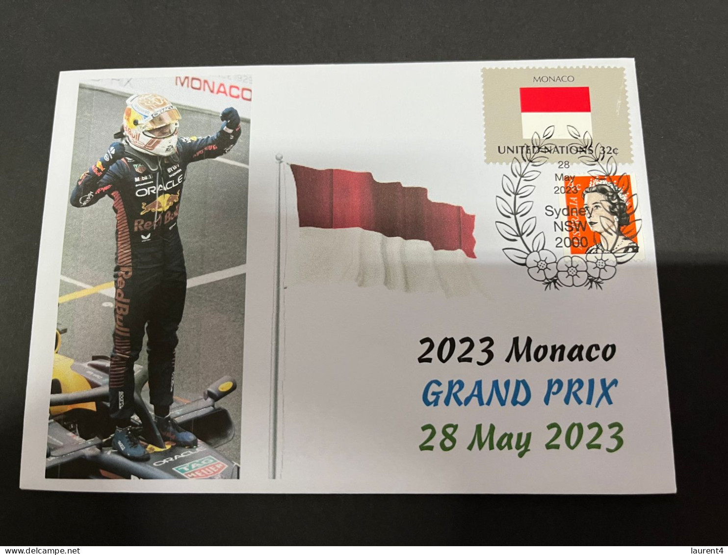 (2 R 2) Formula One - 2023 Monaco Grand Prix - Winner Max Verstappen 28 May 2023) With Monaco UN Flag Stamp - Autres & Non Classés