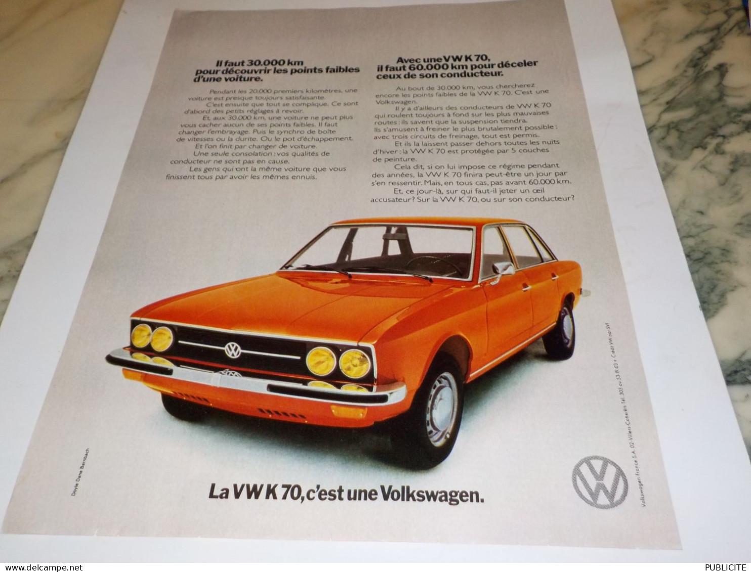 ANCIENNE PUBLICITE   VOITURE VOLKSWAGEN K 70 1972 - Voitures