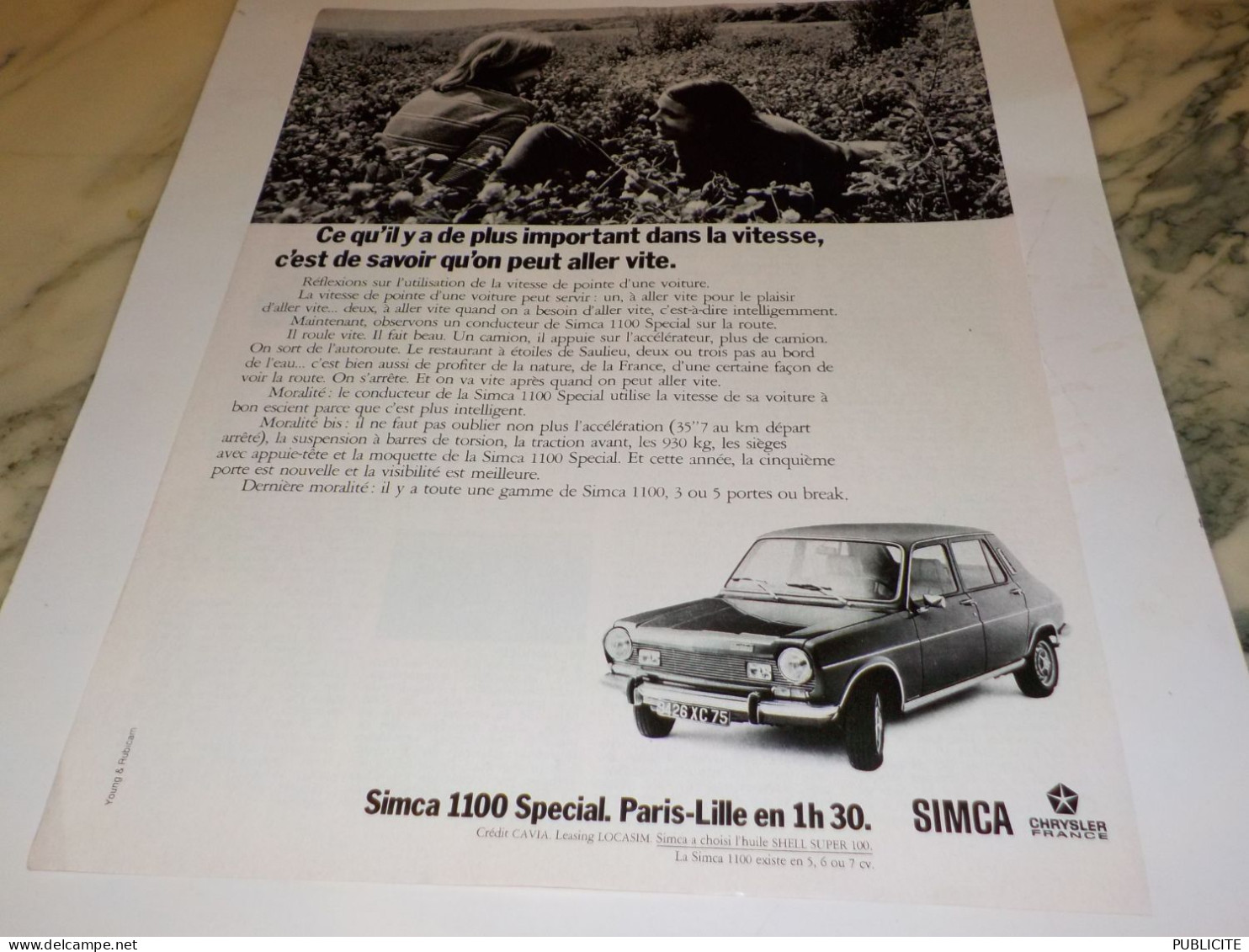 ANCIENNE PUBLICITE PARIS LILLE EN 1H30 VOITURE  SIMCA 1100   1972 - Voitures