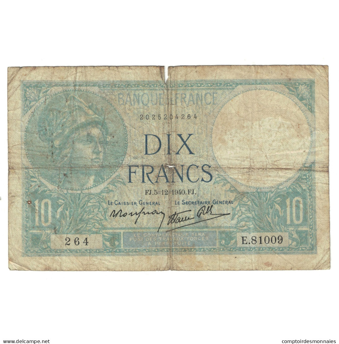 France, 10 Francs, Minerve, 1940, E.81009 264, TB, Fayette:7.23, KM:84 - 5 F 1917-1940 ''Violet''
