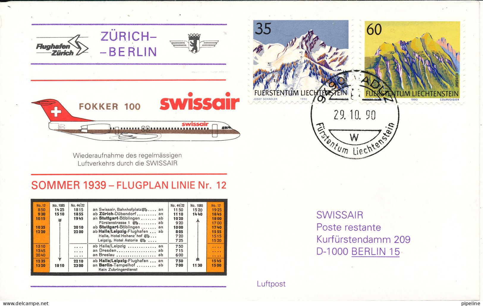 Liechtenstein Swissair First Flight Mail Zurich - Berlin Fokker 100 29-10-1990 - Briefe U. Dokumente