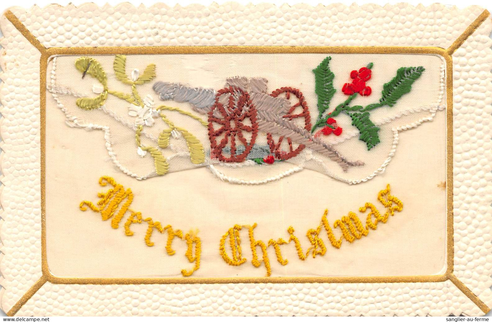 CPA FANTAISIE BRODEE REPRESENTANT UN CANON GUERRE 14-18 INTITULEE MERRY CHRISTMAS - Embroidered