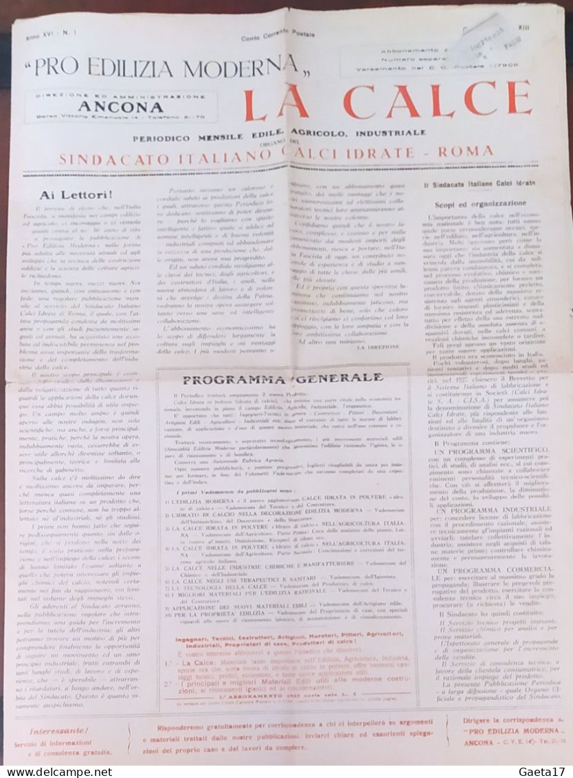 La Calce - Periodico Mensile Edile, Agricolo, Industriale - Anno XVI N. 1 - Eerste Uitgaves