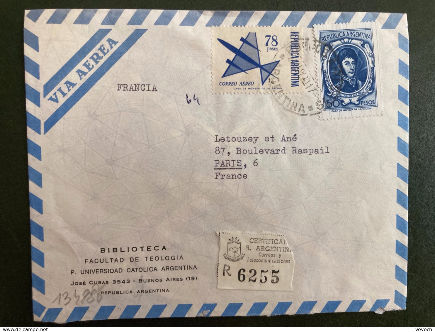 LR Par Avion Pour FRANCE TP GENERAL JOSE DE SAN MARTIN 50 P + AVION 78 P OBL.27 MAY 70 BUENOS AIRES - Covers & Documents