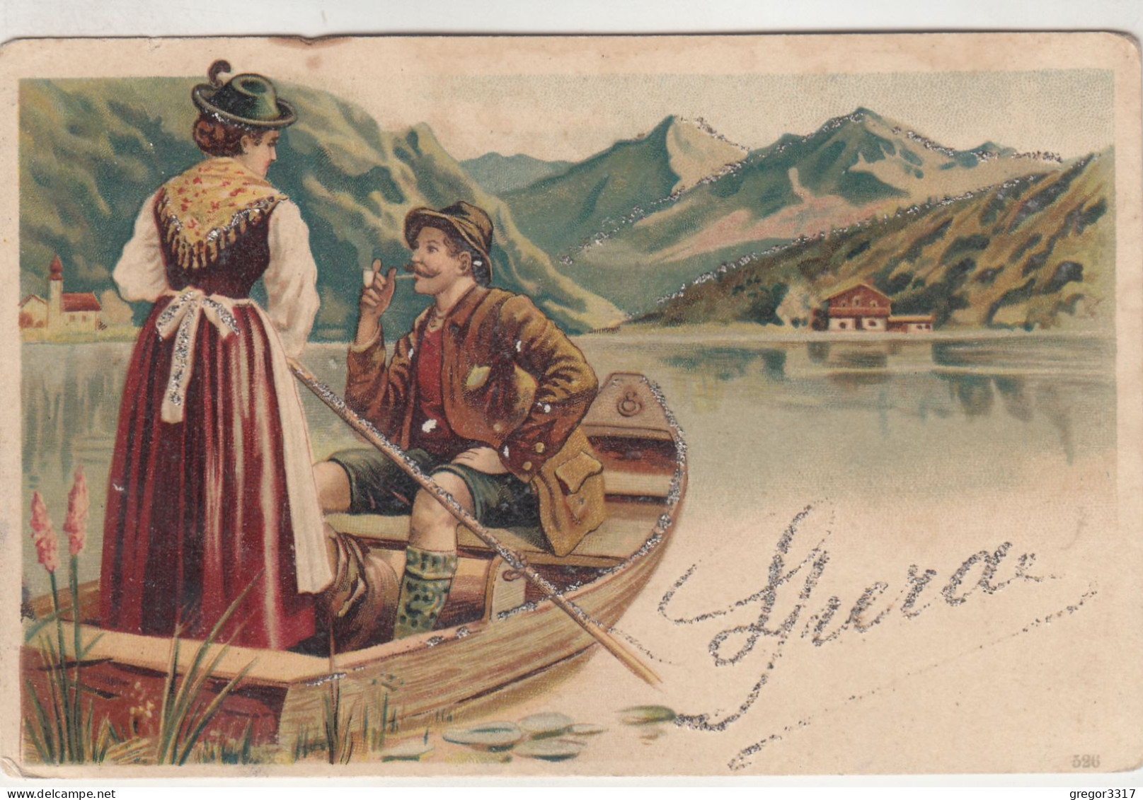 C9235) Tolle Sehr Alte LIHTO - Mann In Lederhose U. Frau In Dirndl Auf Boot - Pfeife - Berge Usw. GLITZER LITHO - Non Classés