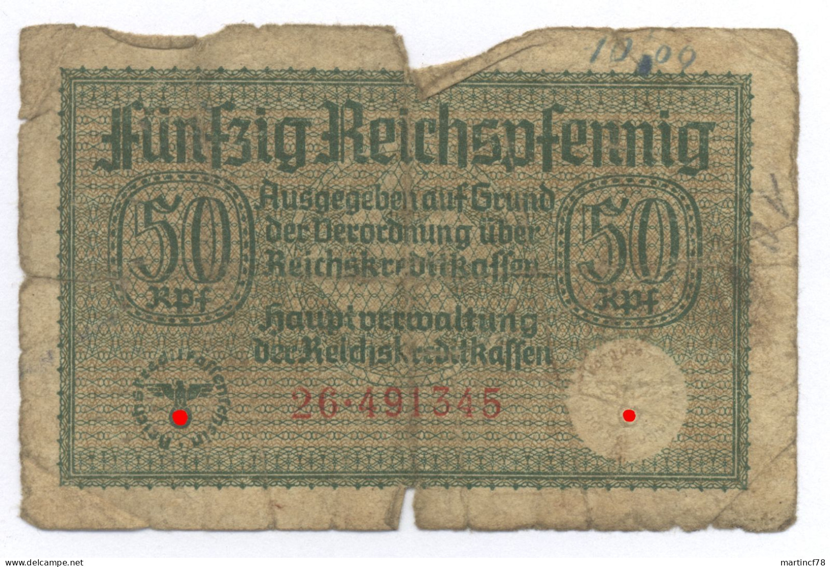 Fünfzig Reichspfennig 50 Rpf, 1938-1945, Reichskreditkassenschein - Sonstige & Ohne Zuordnung