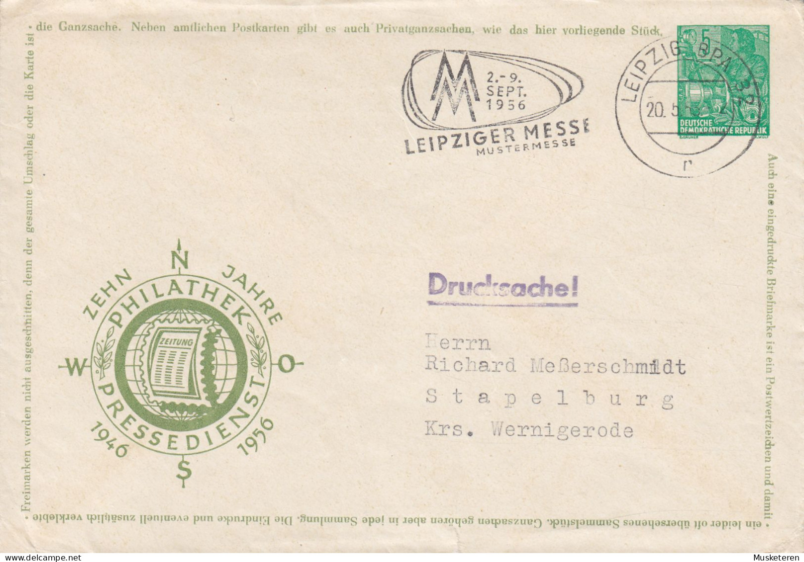 Germany DDR Postal Stationery Ganzsache Entier PRIVATE Print 'PHILATHEK' Slogan 'Leipziger Messe' LEIPZIG 1956 - Enveloppes Privées - Oblitérées