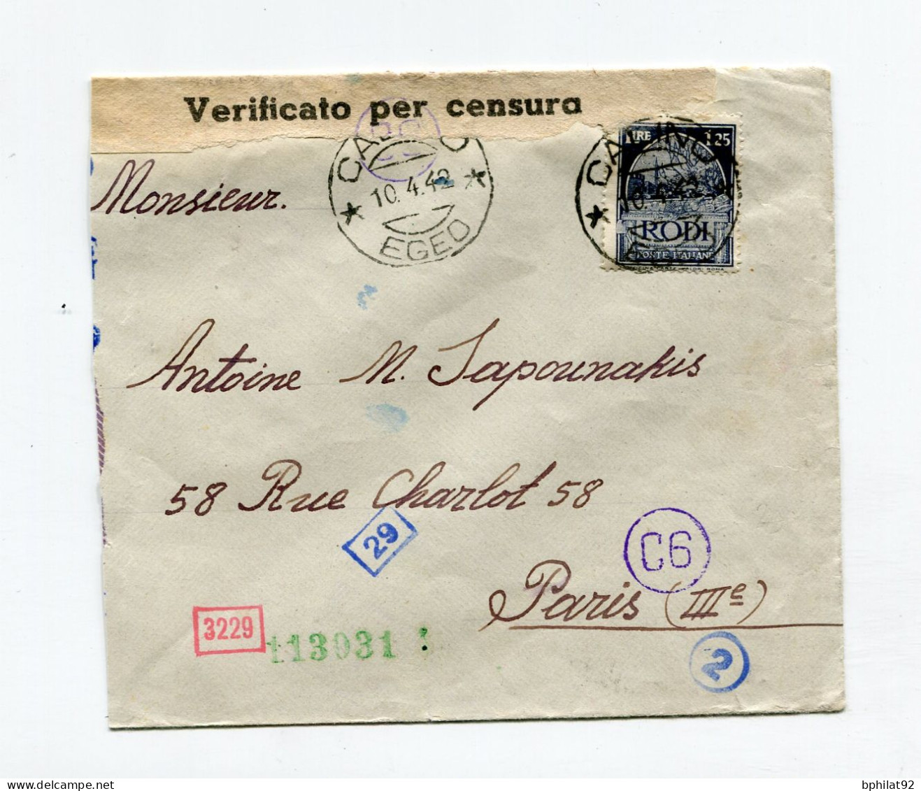 !!! ITALIE, LETTRE DE CALINO DE 1942 POUR PARIS AVEC CENSURES - Egée (Calino)