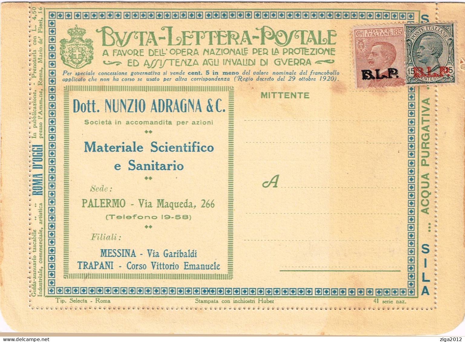 ITALY 1923 B.L.P. BUSTA LETTERA POSTALE CON C.15 III° TIPO + C.85 III° TIPO NUOVA E COMPLETA - Publicité