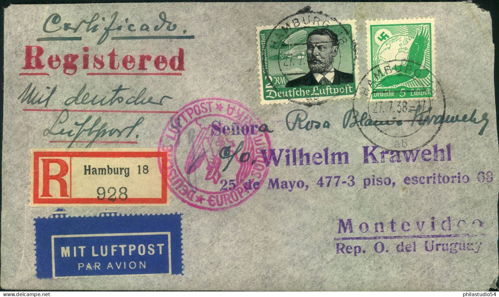 1938, Luftpost-Einschreiben Ab "HAMBURG" Nach Montevideo, Uruguay - Storia Postale