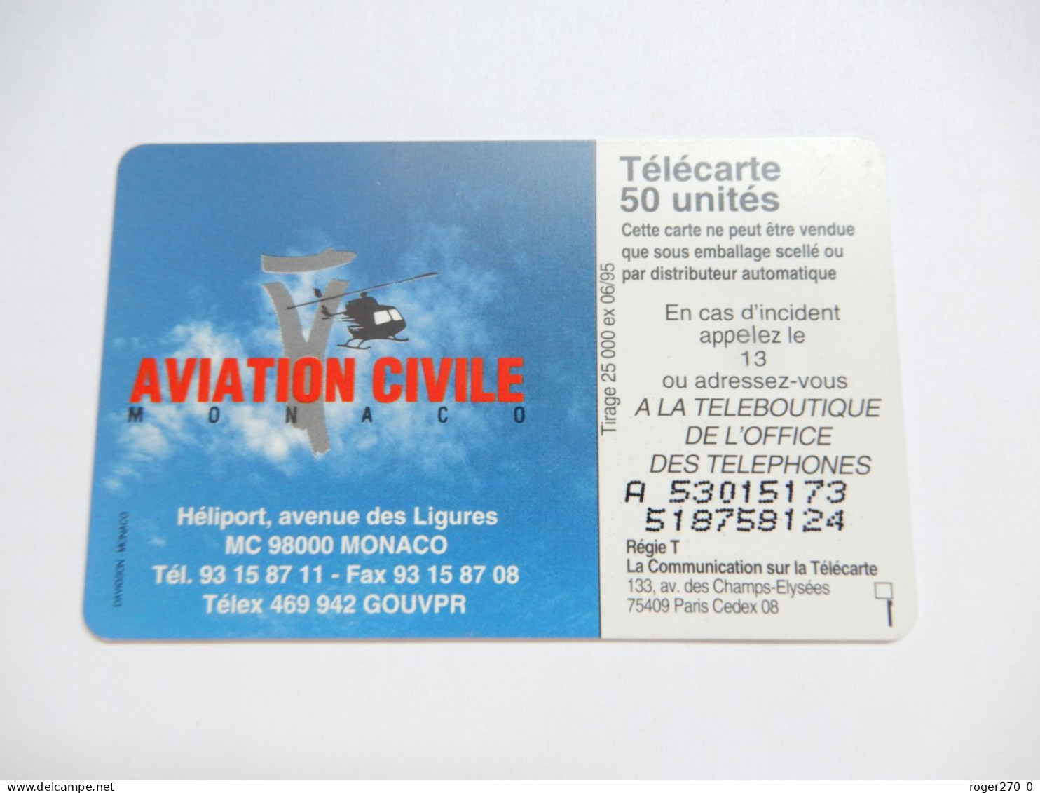 Télécarte 50 U , MF35 , Aviation Civile , Cote : 3 Euros , TBE - Mónaco