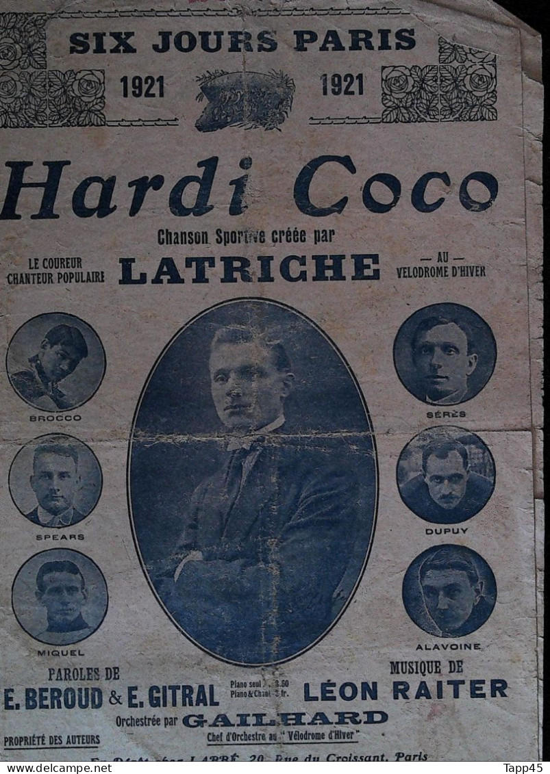 Partition Ancienne > Hardi Coco  1921 >Six Jours Paris  > Très Abimée (lisible) Et Exceptionnelle > Réf: 30/5  T V19 - Gesang (solo)