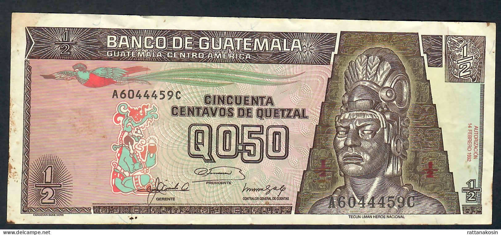 GUATEMALA P72 1/2 QUETZAL 1992      F-VF NO P.h. - Guatemala