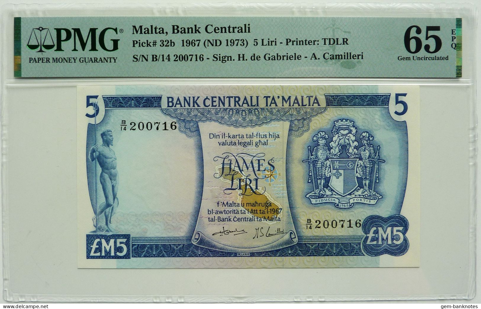 Malta 5 Liri 1967 (1973) P32b Graded 65 EPQ Gem Uncirculated By PMG - Malta