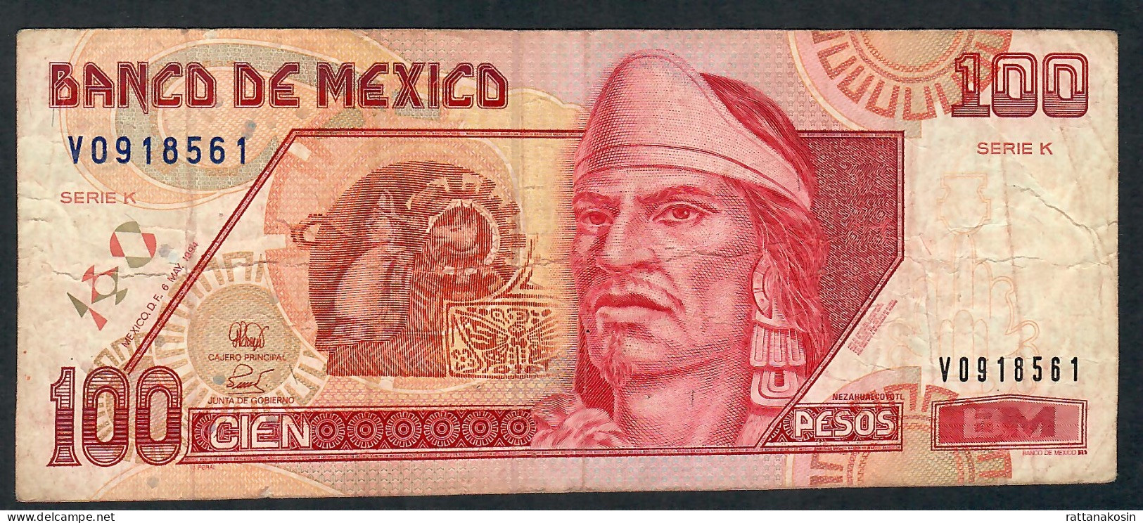 MEXICO  P108a 100 PESOS  6 MAY 1994 Serie K FIRST DATE      FINE 4 P.h. - Mexique