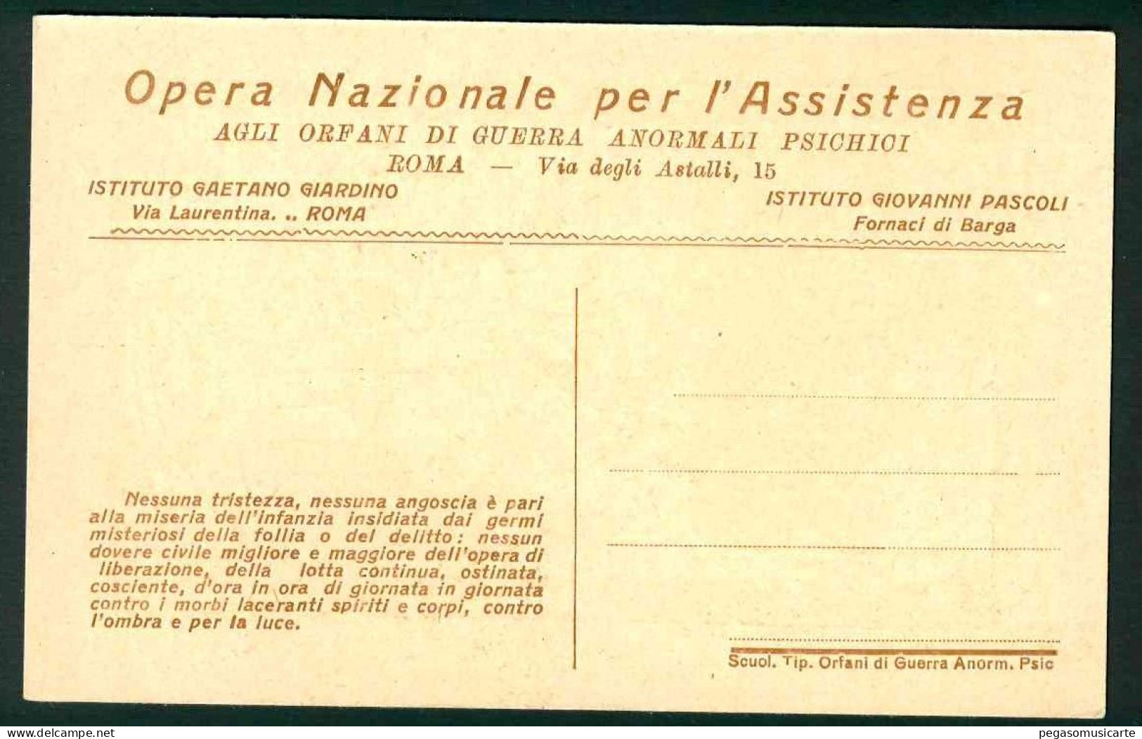 VXA163 -  OPERA NAZIONALE ASSISTENZA ORFANI DI GUERRA ANORMALI PSICHICI ILLUSTRATORE SARTORIO DANTE 1930 CIRCA - Santé