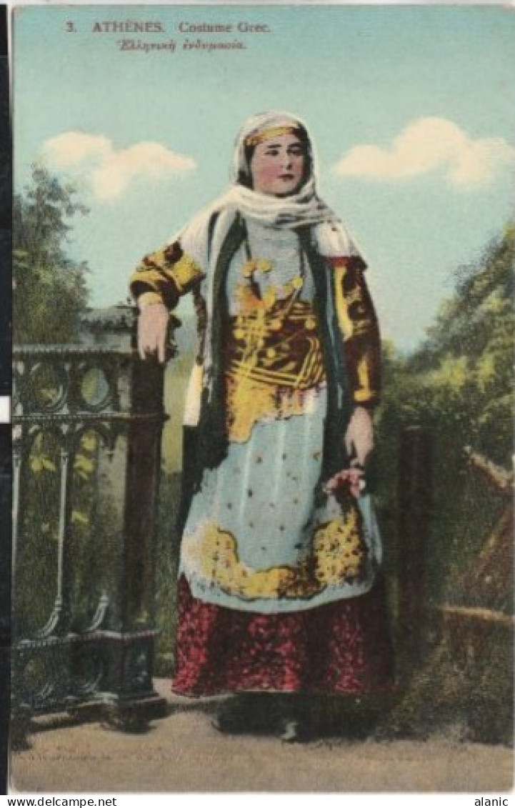 Grèce, Athènes, Costume Grec, Femme, éd Athanasiades  N°3 , Carte Glacée Colorisée CIRCULEV27 AOUT 1915 - Grèce