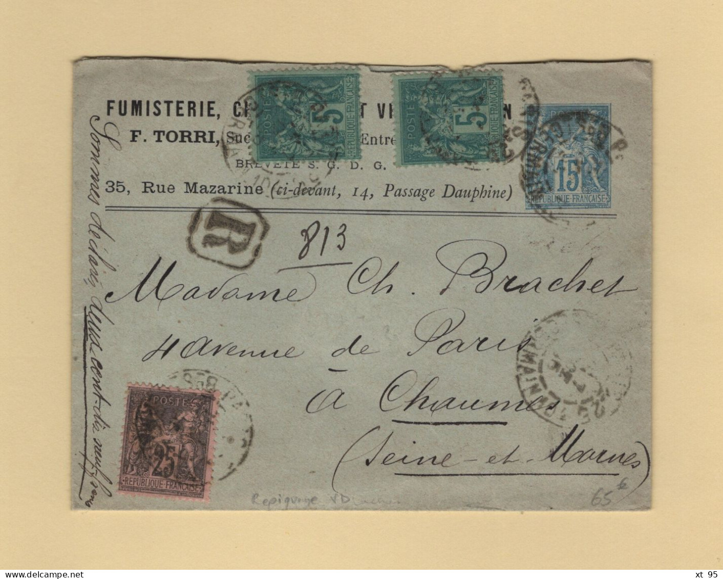 Type Sage - Entier Postal Repiquage Fumisterie Chauffage Ventilation F. Torri - Recommande - Paris - 1895 - Enveloppes Repiquages (avant 1995)