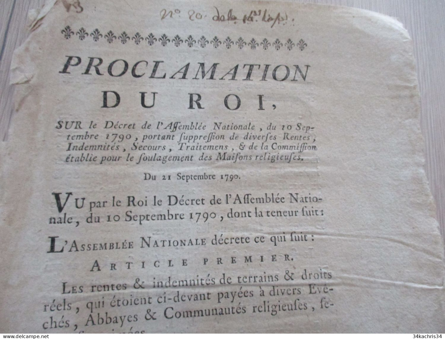 Proclamation Du Roi 21/09/1790 Rentes Des Maisons Religieuses En L'état - Gesetze & Erlasse