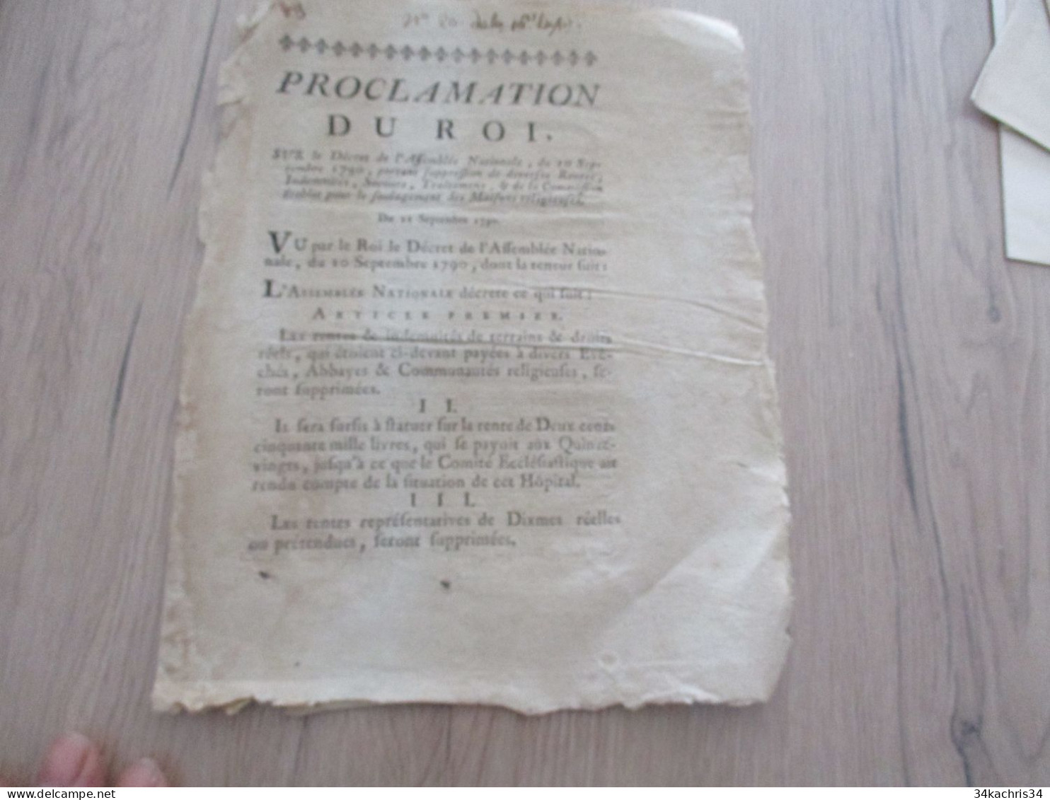 Proclamation Du Roi 21/09/1790 Rentes Des Maisons Religieuses En L'état - Gesetze & Erlasse