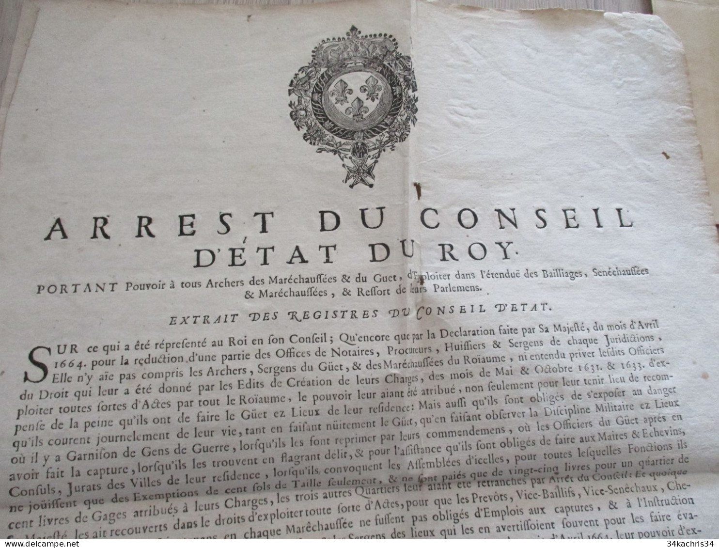 Affiche Placard 2 X A3 Arrest Conseil Du Roy à Propos Des Archers De La Maréchaussée Jeauvin 26/03/1668 E L'état - Décrets & Lois