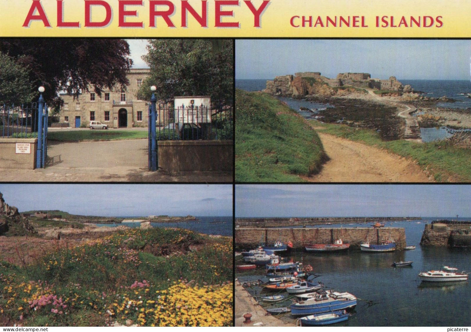ALDERNEY- MULTIVIEW 4 Views -Island Hall, Fort Clonque,Inner Harbour, Gorse & Heather - J.Hinde 2GY 159-- Ile Aurigny - Alderney