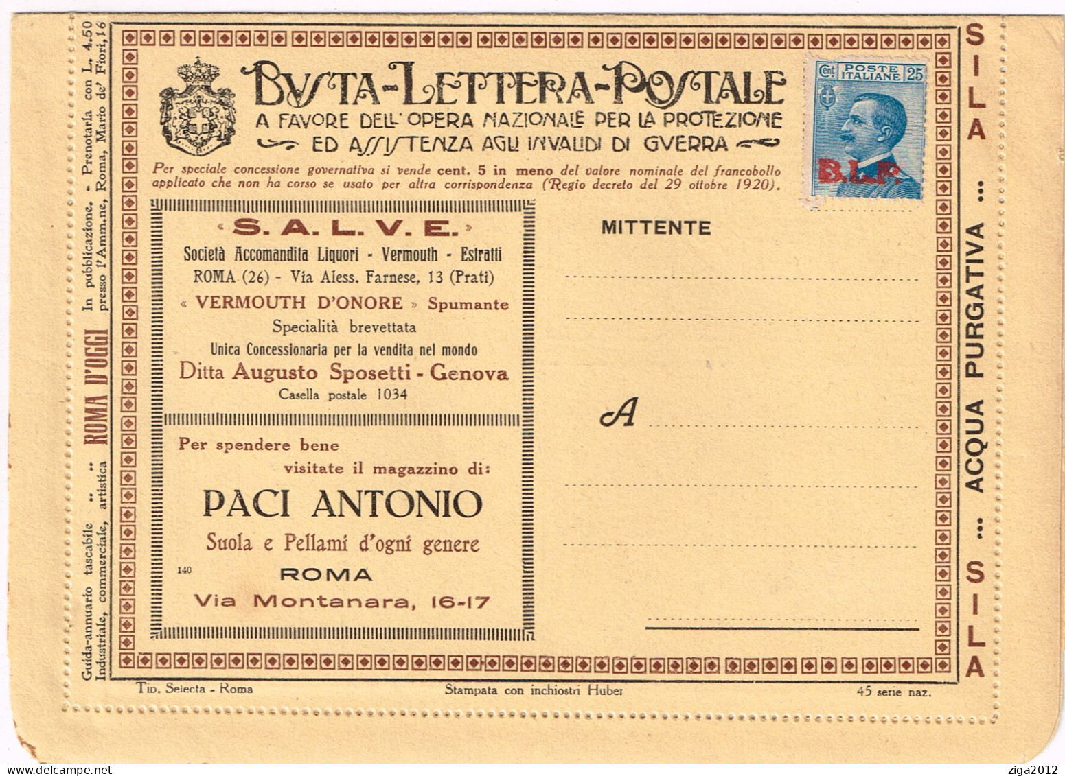 ITALY 1923 B.L.P. BUSTA LETTERA POSTALE CON C.25 III° TIPO NUOVA E COMPLETA - Publicité