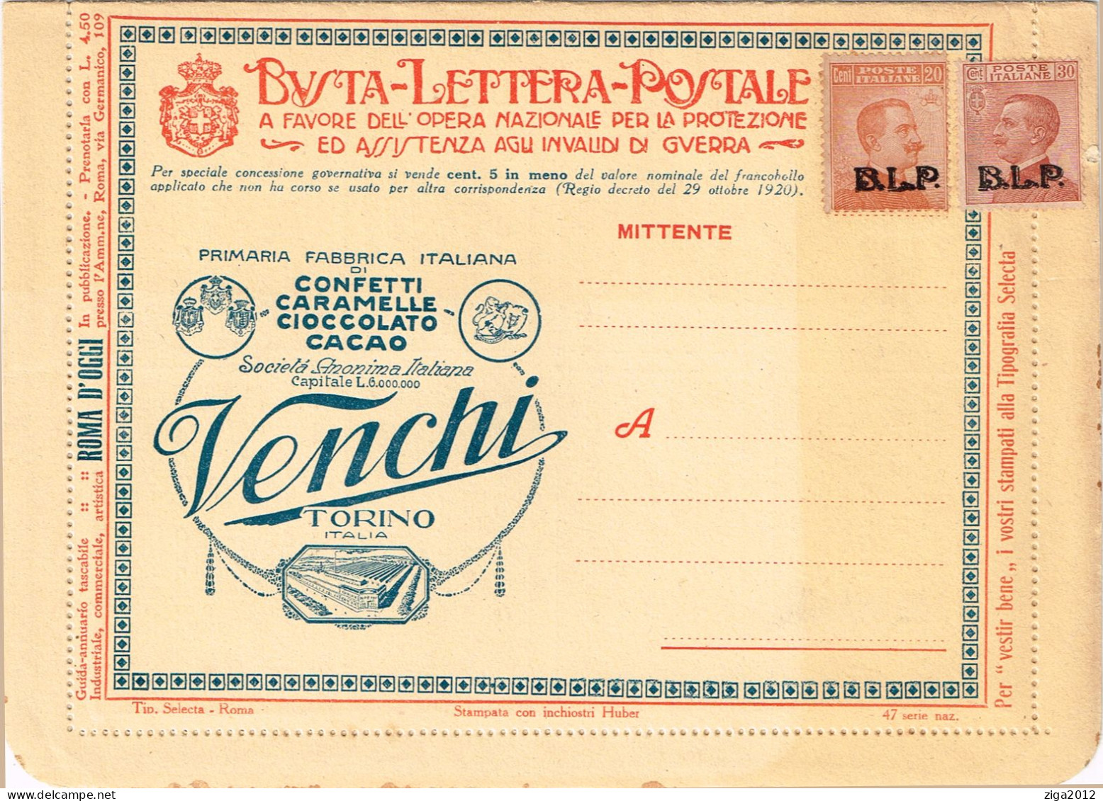 ITALY 1923 B.L.P. BUSTA LETTERA POSTALE CON C.20 III° TIPO + C.30 III° TIPO NUOVA E COMPLETA - Reklame
