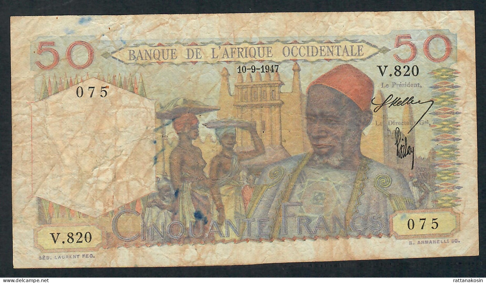 FRENCH WEST AFRICA AOF P39b  50 FRANCS 10.9.1947  FINE - West African States